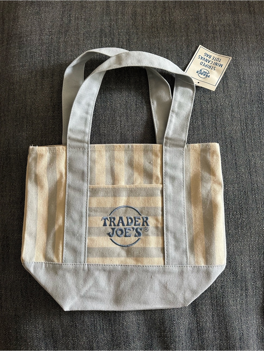 Trader Joe's Canvas Stripe Tote Bag in Beige and Light Blue